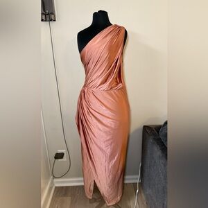 Express One-Shoulder Satin Dress in Peach